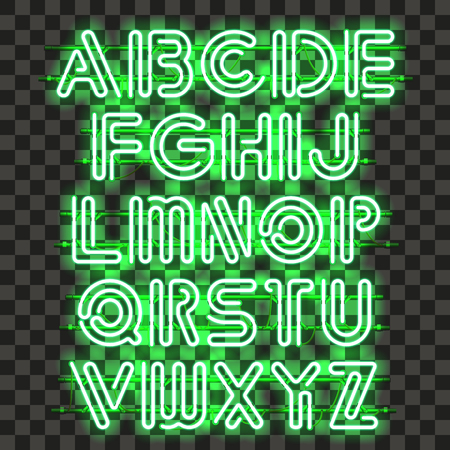 Glowing green Neon Alphabet with letters from A to Z. Shining and glowing neon effect. Every letter is separate unit with wires, tubes, brackets and holders that can be combined with other.のイラスト素材