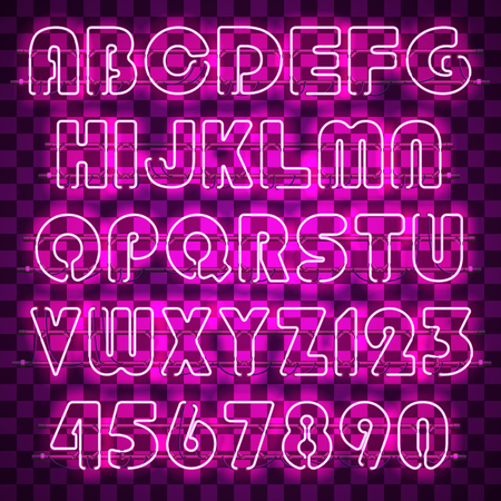 Glowing purple alphabet with letters from A to Z and digits from 0 to 9. Glowing neon effect. Every letter is separate unit with wires, tubes and holders and can be combined with other.のイラスト素材