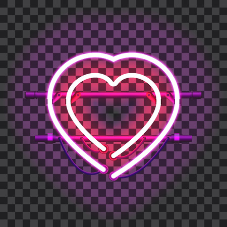 Red glowing neon heart surrounded with purple one with holders, brackets and wires isolated on transparent background. Shining and glowing neon effect. Valentines heart. Love and wedding symbol.のイラスト素材