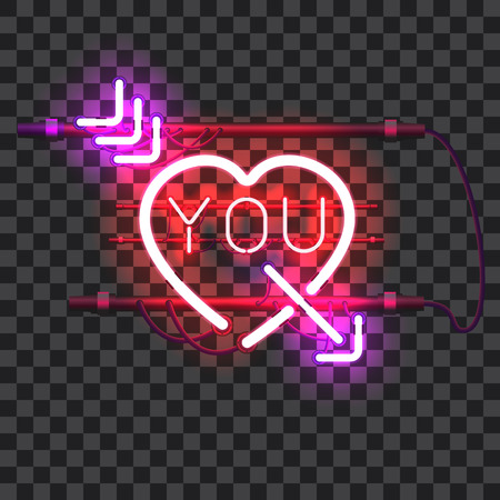 Glowing red neon heart pierced with purple arrow and letters YOU with holders, brackets and wires isolated on transparent background. Glowing neon effect. Valentines heart. Love and wedding symbol.のイラスト素材