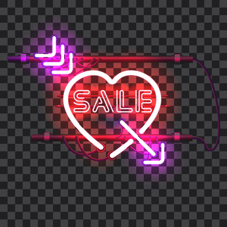 Glowing red neon heart pierced with purple arrow and letters SALE with holders, brackets and wires isolated on transparent background. Glowing neon effect. Valentines heart. Love and wedding symbol.のイラスト素材