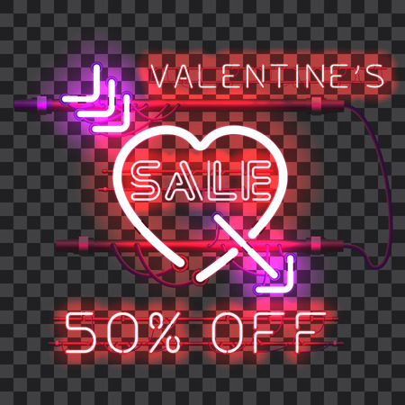 Glowing red neon heart pierced with purple arrow and letters SALE with holders, brackets and wires isolated on transparent background. Glowing neon effect. Valentines heart. Love and wedding symbol.のイラスト素材
