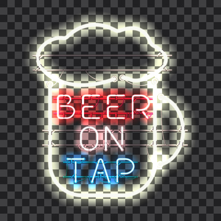 Glowing neon bar sign BEER ON TAP isolated on transparent background. Shining and glowing neon effect. All elements are separate units with wires, tubes, brackets and holders.のイラスト素材