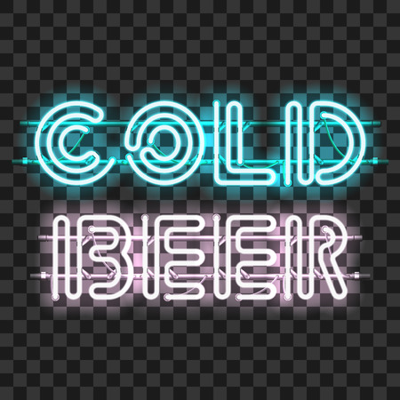 Glowing neon bar sign COLD BEER isolated on transparent background. Shining and glowing neon effect. All elements are separate units with wires, tubes, brackets and holders.のイラスト素材