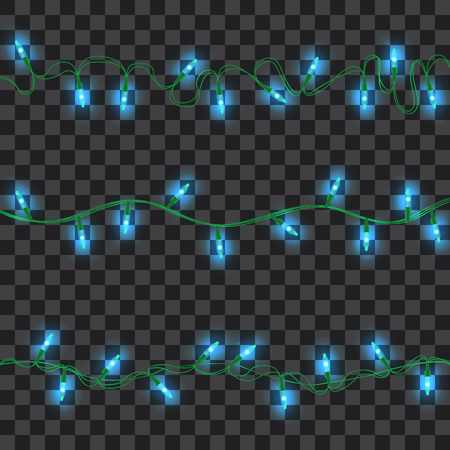 Set of azure shining garland lights with holders and wires isolated on background. Christmas, New Year party decoration realistic design elements. Glowing lights for Xmas. Holiday greeting design.のイラスト素材