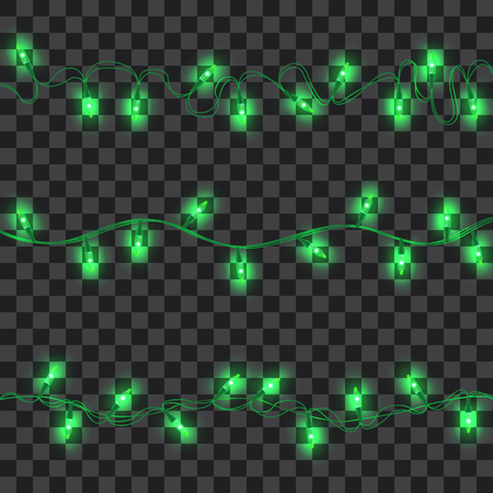Set of green shining garland lights with holders isolated on transparent background. Christmas, New Year party decoration realistic design elements. Glowing lights for Xmas. Holiday greeting design.のイラスト素材