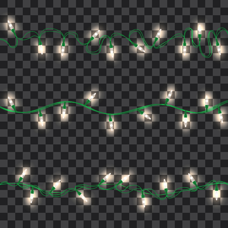 Set of white shining garland lights with holders isolated on transparent background. Christmas, New Year party decoration realistic design elements. Glowing lights for Xmas. Holiday greeting design.のイラスト素材