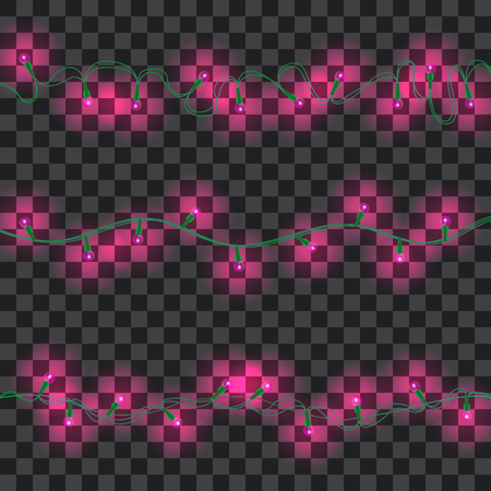 Set of purple shining garland lights with holders isolated on transparent background. Christmas, New Year party decoration realistic design elements. Glowing lights for Xmas. Holiday greeting design.のイラスト素材