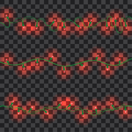 Set of red shining garland lights with holders isolated on transparent background. Christmas, New Year party decoration realistic design elements. Glowing lights for Xmas. Holiday greeting design.のイラスト素材