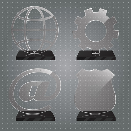 Set of realistic transparent glass trophy awards standing on black base and isolated on gradient background. Different shapes provided. Police shield, cog, planet, internet sign. Vector illustration.のイラスト素材