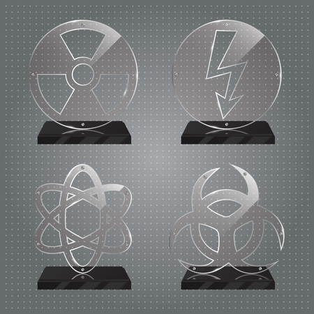 Set of realistic transparent glass trophy awards standing on black base and isolated on gradient background.のイラスト素材