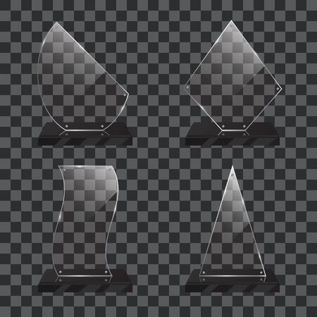 Set of realistic transparent glass trophy awards standing on black base and isolated on gradient background. Different shapes provided. Rectangle, triangle, flag, polygon. Vector illustration.のイラスト素材