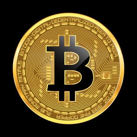 Crypto currency golden coin with black lackered bitcoin symbol on obverse isolated on black background. Vector illustration. Use for logos, print products, page and web decor or other design.のイラスト素材
