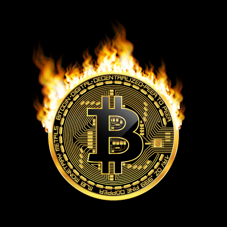 Crypto currency golden coin with black lackered bitcoin symbol on obverse surrounded by realistic flame and isolated on black background. Vector illustration. Use for print products or other design.のイラスト素材