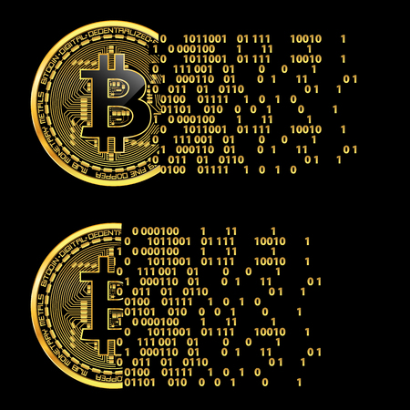Crypto currency golden coin with black lackered bitcoin symbol on obverse isolated on black background. Vector illustration. Use for logos, print products, page and web decor or other design.のイラスト素材