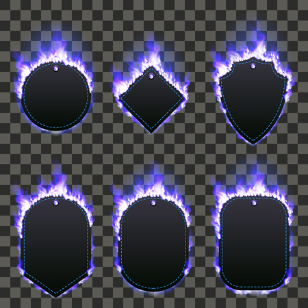 Set of six frames of different shapes with text space surrounded with realistic blue flame isolated on transparent background. Burning fire light effect. Bonfire elements. Gradient mesh vectorのイラスト素材