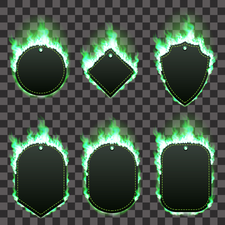 Set of six frames of different shapes with text space surrounded with realistic green flame isolated on transparent background. Burning fire light effect. Bonfire elements. Gradient mesh vectorのイラスト素材