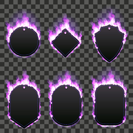 Set of six frames of different shapes with text space surrounded with realistic purple flame isolated on transparent background. Burning fire light effect. Bonfire elements. Gradient mesh vectorのイラスト素材
