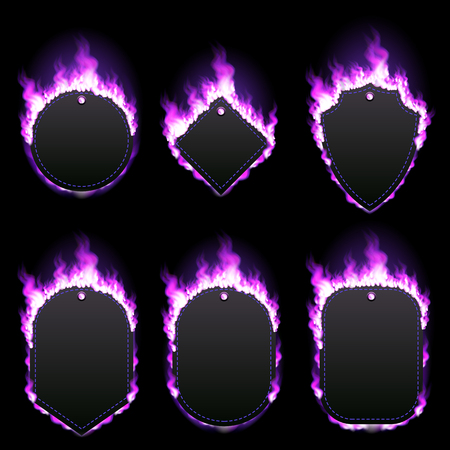 Set of six frames of different shapes with text space surrounded with realistic purple flame isolated on black background. Burning fire light effect. Bonfire elements. Gradient mesh vectorのイラスト素材