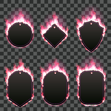 Set of six frames of different shapes with text space surrounded with realistic red flame isolated on transparent background. Burning fire light effect. Bonfire elements. Gradient mesh vectorのイラスト素材