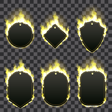 Set of six frames of different shapes with text space surrounded with realistic yellow flame isolated on transparent background. Burning fire light effect. Bonfire elements. Gradient mesh vectorのイラスト素材
