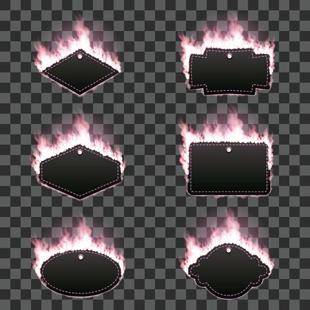 Set of six frames of different shapes with text space surrounded with realistic pink flame isolated on transparent background. Burning fire light effect. Bonfire elements. Gradient mesh.のイラスト素材