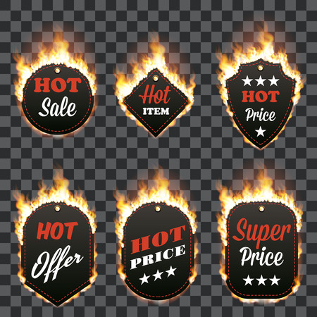 Set of six hot sale frames of different shapes surrounded with realistic flame isolated on transparent background. Burning fire light effect. Bonfire elements. Gradient mesh for your designのイラスト素材