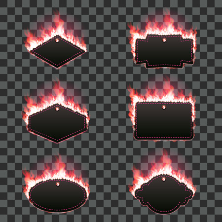 Set of six frames of different shapes with text space surrounded with realistic red flame isolated on transparent background. Burning fire light effect. Bonfire elements. Gradient meshのイラスト素材