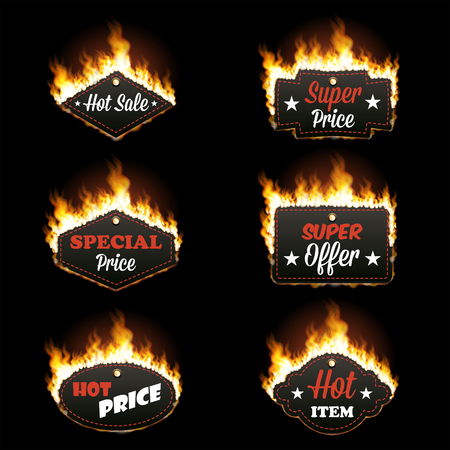 Set of six hot sale horizontal frames of different shapes surrounded with realistic flame isolated on black background. Burning fire light. Bonfire elements. Gradient mesh for your designのイラスト素材