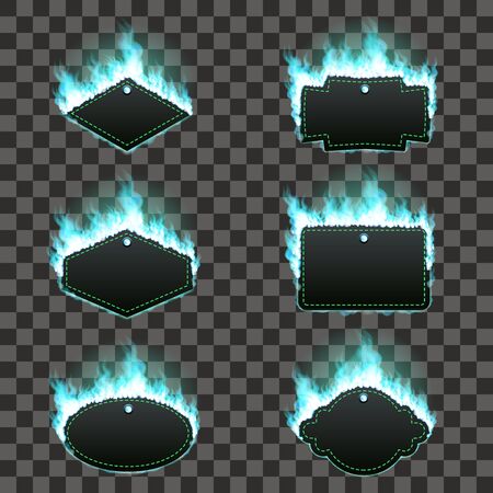 Set of six frames of different shapes with text space surrounded with realistic azure flame isolated on transparent background. Burning fire light effect. Bonfire elements. Gradient mesh.のイラスト素材