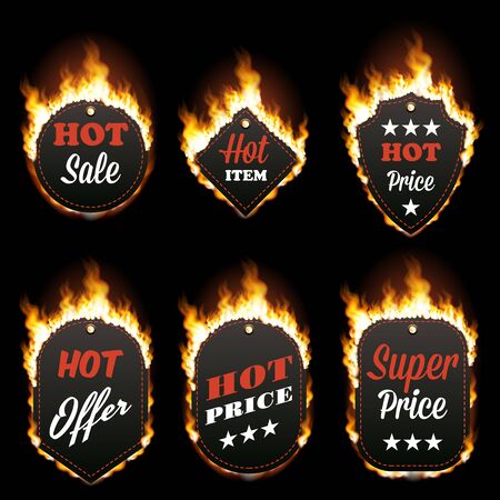 Set of six hot sale frames of different shapes surrounded with realistic flame isolated on black background. Burning fire light effect. Bonfire elements. Gradient mesh vector for your designのイラスト素材