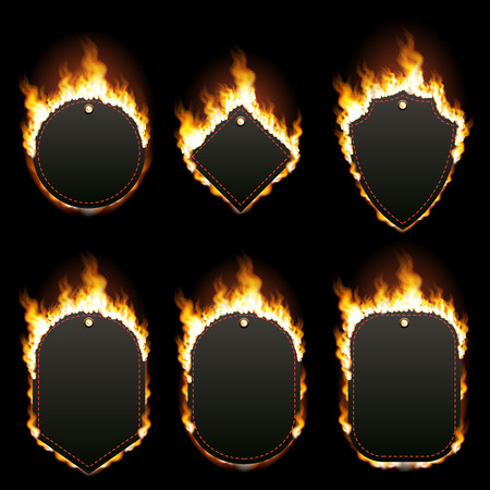 Set of six frames of different shapes with text space surrounded with realistic flame isolated on black background. Burning fire light effect. Bonfire elements. Gradient mesh vector illustrationのイラスト素材