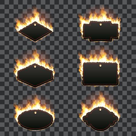 Set of six horizontal frames of different shapes with text space surrounded with realistic flame isolated on transparent background. Burning fire light effect. Bonfire elements. Vector illustrationのイラスト素材