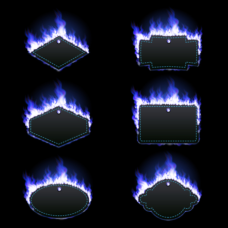 Set of six frames of different shapes with text space surrounded with realistic blue flame isolated on black background. Burning fire light effect. Bonfire elements. Gradient mesh vector illustrationのイラスト素材