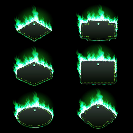 Set of six frames of different shapes with text space surrounded with realistic green flame isolated on black background.のイラスト素材