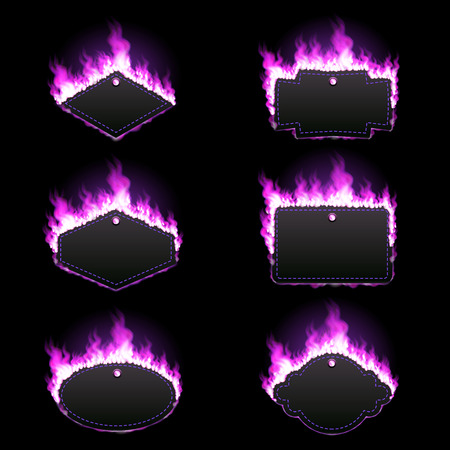 Set of six frames of different shapes with text space surrounded with realistic purple flame isolated on black background. Burning fire light effect. Bonfire elements. Gradient mesh vectorのイラスト素材