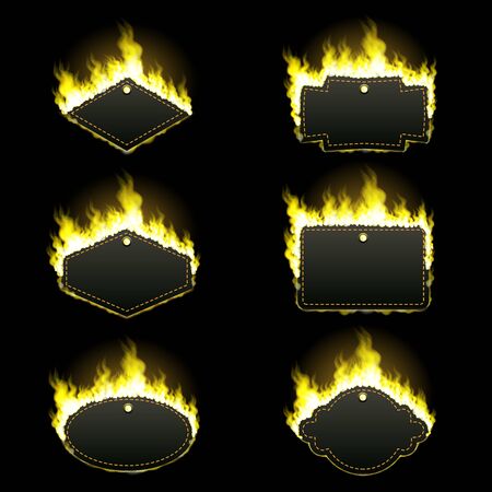 Set of six frames of different shapes with text space surrounded with realistic yellow flame isolated on black background. Burning fire light effect. Bonfire elements. Gradient mesh vectorのイラスト素材