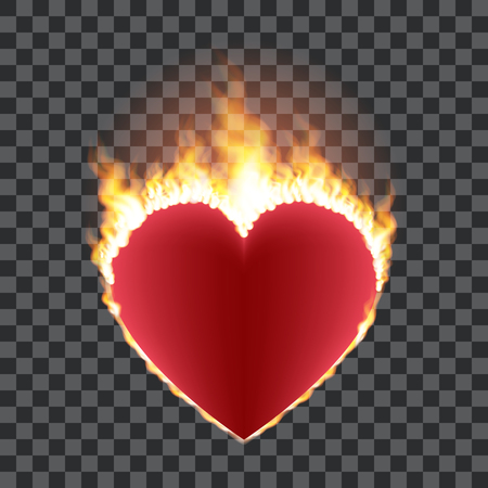 Burning red heart isolated on transparent background. Heart shape surrounded with transparent fire and orange glow.のイラスト素材