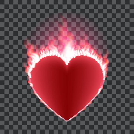 Burning red heart isolated on transparent background. Heart shape surrounded with transparent fire and red glow. Vector illustration for logos, cards, print products or other design.のイラスト素材