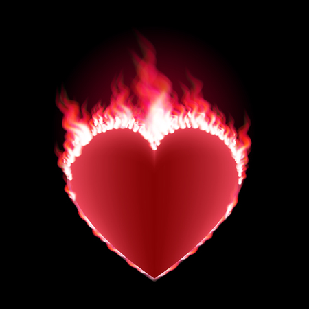 Burning red heart isolated on black background. Heart shape surrounded with transparent fire and red glow. Vector illustration for logos, cards, print products or other design.のイラスト素材