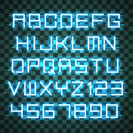 Glowing azure Neon Alphabet with letters from A to Z and digits from 0 to 9 with wires, tubes, brackets and holders.のイラスト素材