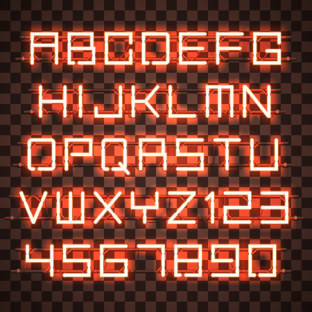 Glowing orange Neon Alphabet with letters from A to Z and digits from 0 to 9 with wires, tubes, brackets and holders.のイラスト素材