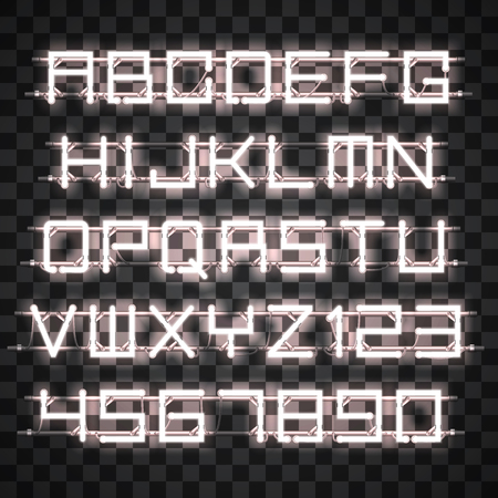 Glowing white Neon Alphabet with letters from A to Z and digits from 0 to 9 with wires, tubes, brackets and holders. Shining and glowing neon effect. Every letter or digit is separate unit.のイラスト素材