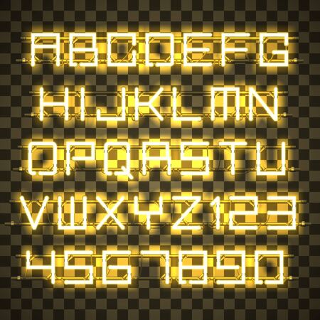 Glowing yellow Neon Alphabet with letters from A to Z and digits from 0 to 9 with wires, and more.のイラスト素材