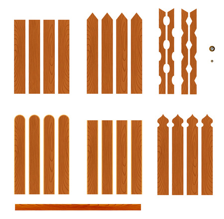 Set of wooden fence planks of different forms isolated on white background.のイラスト素材