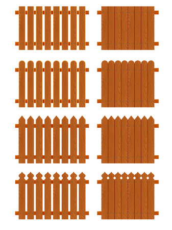 Set of wooden fences sections of different forms isolated on white background.のイラスト素材