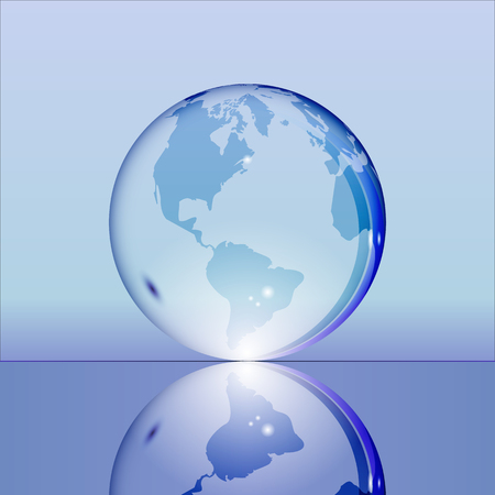 Blue shining transparent earth globe with South and North America continents laying on glass surface and reflecting in it. Bright and shining design. Vector illustration.のイラスト素材