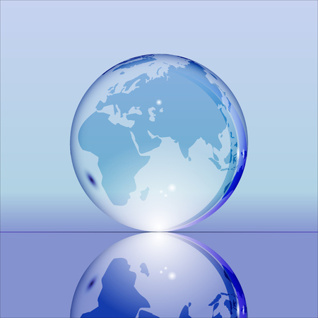 Blue shining transparent earth globe with Eurasia, Africa and Australia continents laying on glass surface and reflecting in it. Bright and shining design. Vector illustration.のイラスト素材