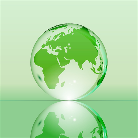 Green shining transparent earth globe with Eurasia, Africa and Australia continents laying on glass surface and reflecting in it. Bright and shining design. Vector illustration.のイラスト素材