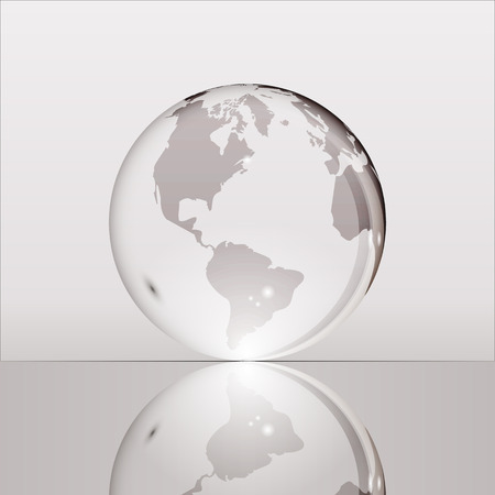Gray shining transparent earth globe with South and North America continents laying on glass surface and reflecting in it. Bright and shining design. Vector illustration.のイラスト素材